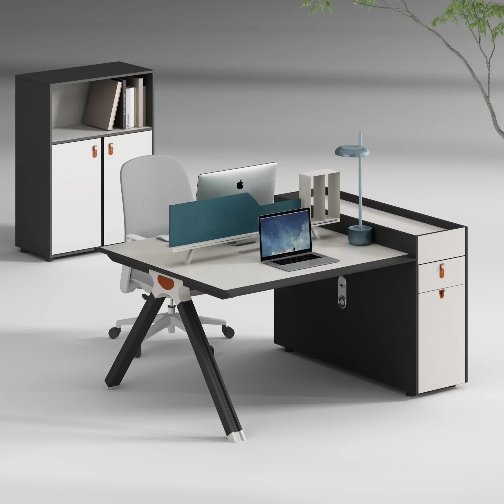 High End Simple Design Matte Black Warm White 2 Person Computer Table Partition Work Station Center Office Desk