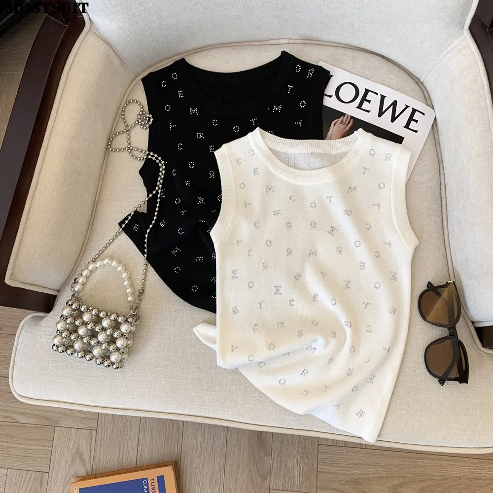 2024 Summer Slim Knit Sweater Vest Women Sexy Korean Fashion Ladies Crop Tops Letters Rhinestones Sleeveless O-neck Jumpers