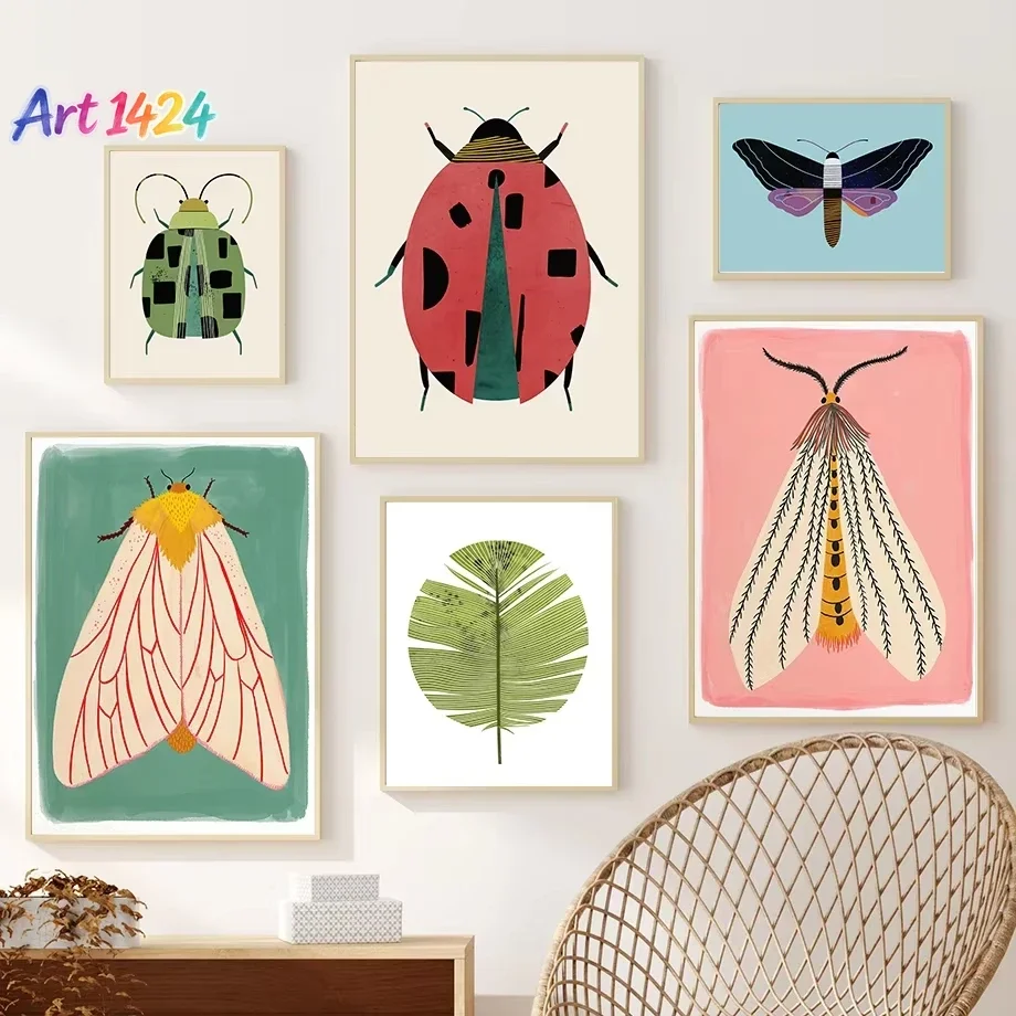 (1pc frameless)Butterfly Wall Art Ladybug Tiger Moth Beetle Feather Canvas Painting Nordic Poster Printing Wall Pictures Livi