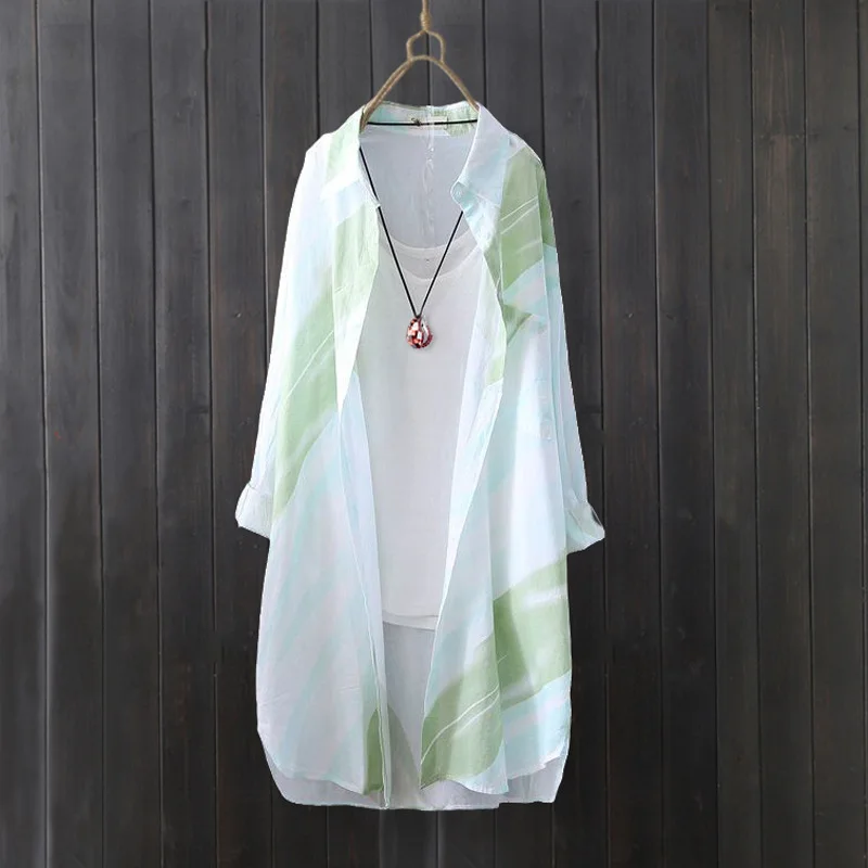 Szyfonowa koszula damska letnia o średniej długości, bluzki z nadrukiem, odzież ochronna, duży rozmiar, luźny krój, styl zachodni, cienka koszula.