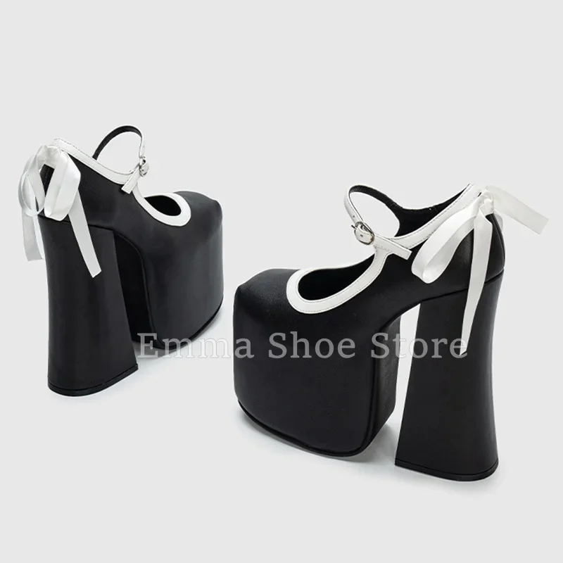 

2025 New Arrival Black White Chunky Heel Mary Jane Shoes T-Strap Bowtie Platform Women's Pumps Real Leather Buckle Dress Shoes