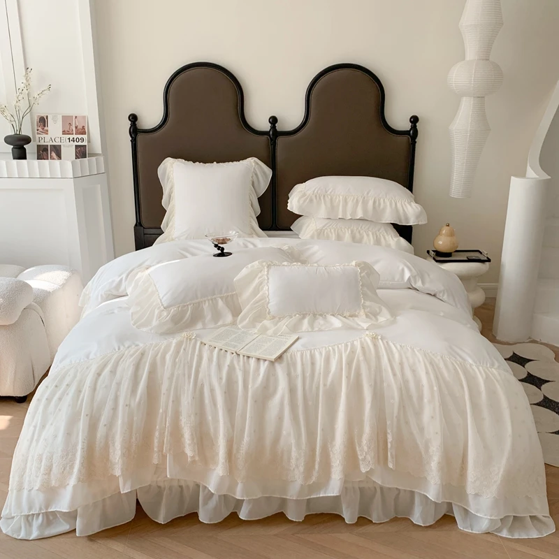 

White Princess Wedding Bedding Set Chiffon Lace Embroidery Home Textile Solid Color Ruffles Duvet Cover Bed Sheet Pillowcases