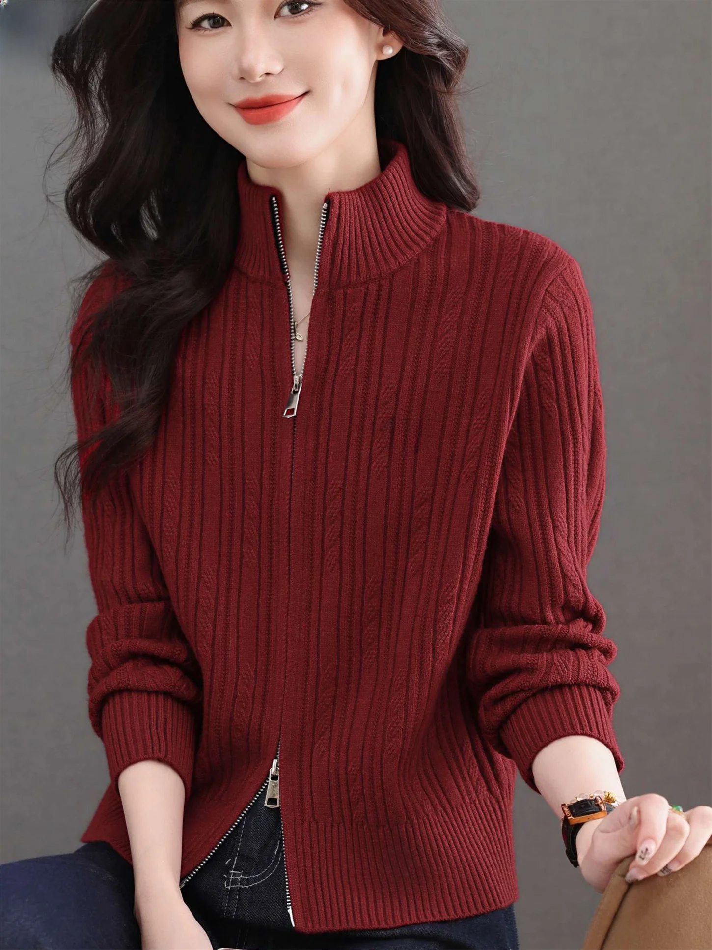 

Модный свободный вязаный шерстяной свитер для женщин, весна-осень, новинка, с длинными рукавами, воротником-стойкой, двойной молнией, открытый кардиган