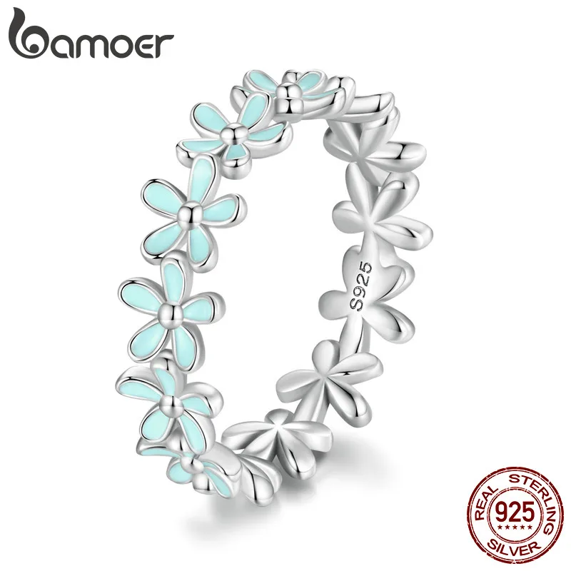 Bamoer 925 Sterling Silver Small Blue Wreath Finger Ring Enamel Flower Ring for Women Valentine's Day Gift Romantic Fine Jewelry