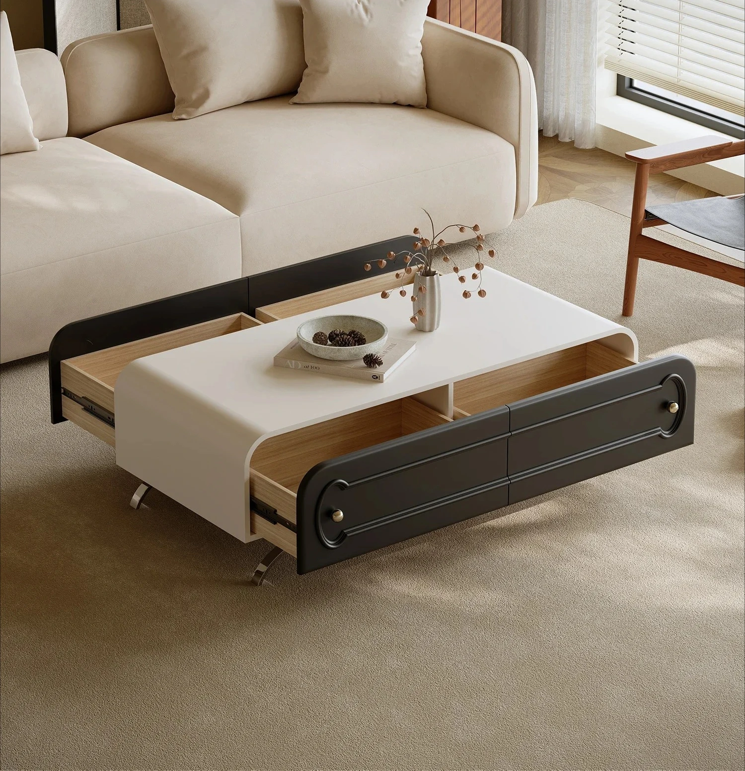 طاولة قهوة إيطالية بسيطة ومستطيلة مطلية من الفولاذ المقاوم للصدأ وغرفة معيشة فاخرة راقية #3