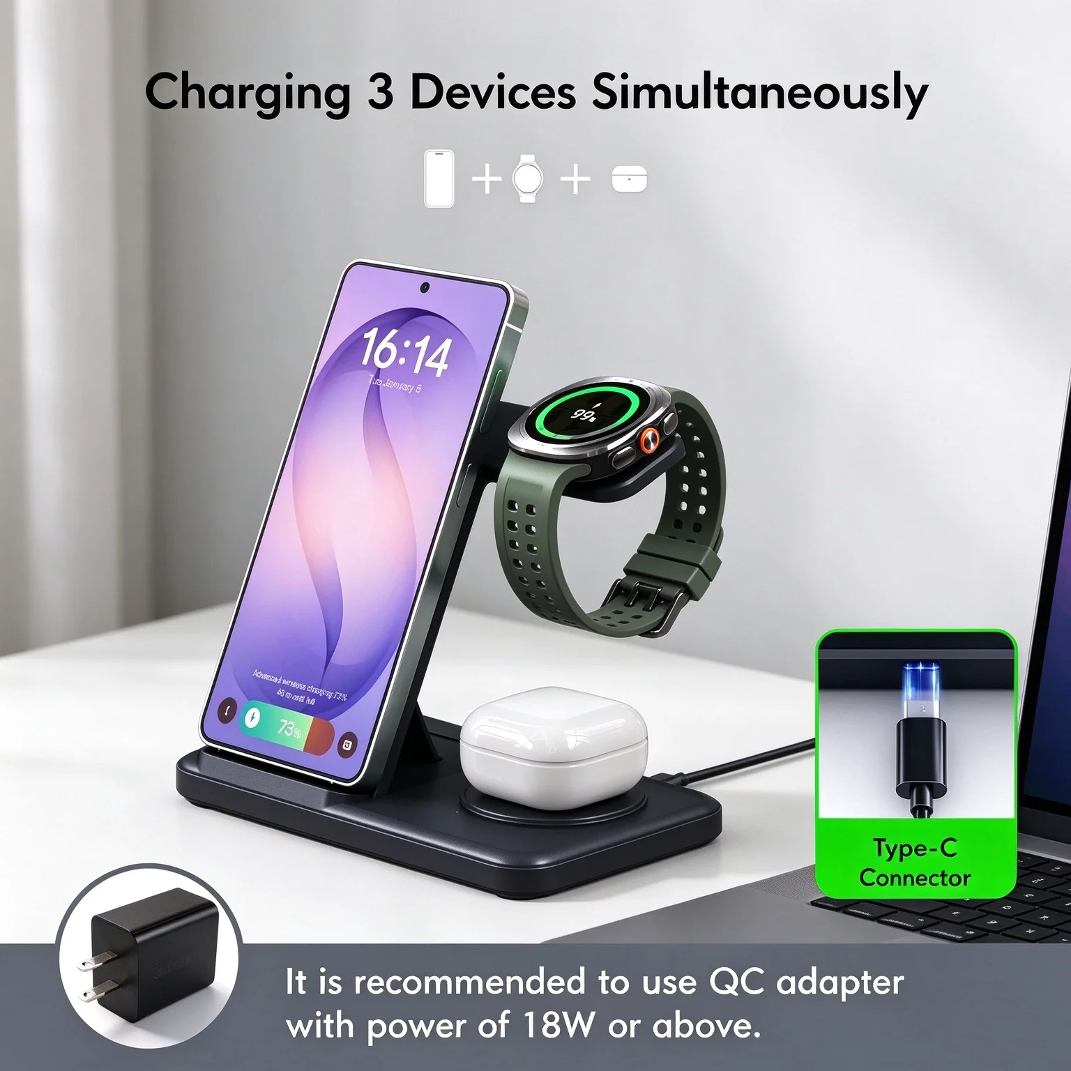 3 in 1 Wireless Charger Desktop Stand for Samsung S26/S26+/S25/S24 Galaxy Watch 9/8/7/6/5/4/3 Buds Pro 3/2 Fast Charging Station