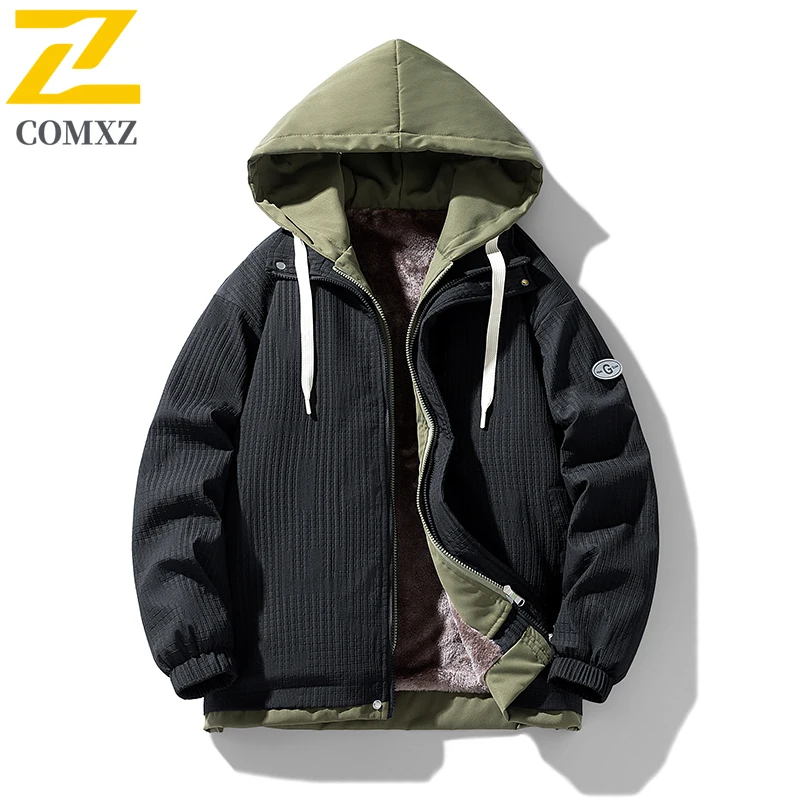 

Флисовая мужская куртка 2025, искусственная двухсекционная модная универсальная толстая ветрозащитная теплая куртка с капюшоном, уличная повседневная куртка на молнии