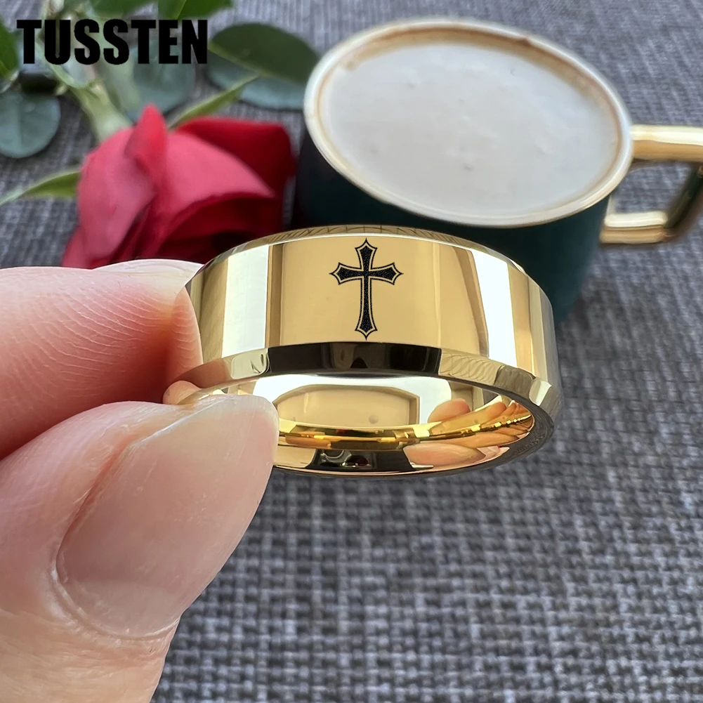 Dropshipping TUSSTEN 6/8MM Beveled Matte Tungsten Ring Laser Engraved With Cross For Comfortable Fit