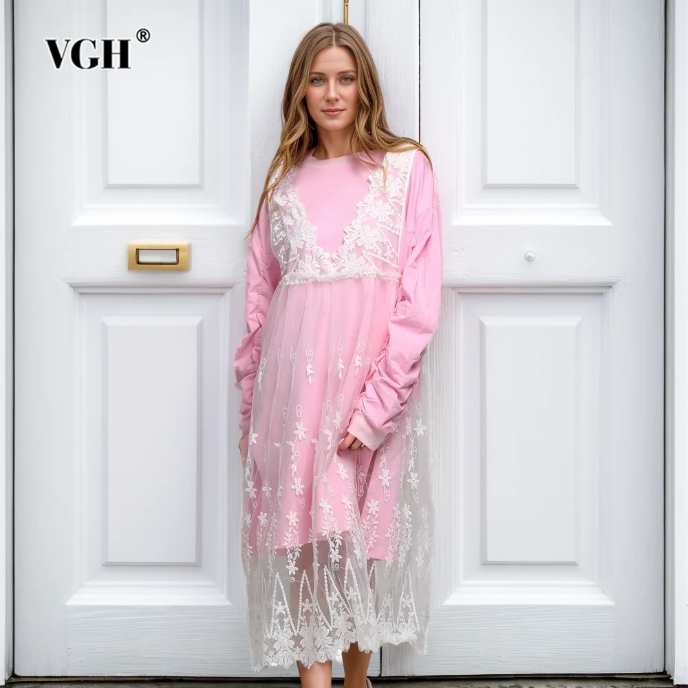 

VGH Solid Two Piece Sets For Women Round Neck Long Sleeve Loose Dresses Sleeveless Minimalist Lace Vest Dress Casual Set Female