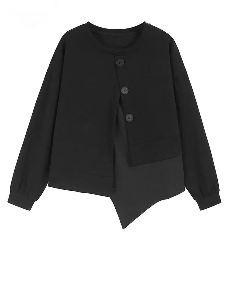 

Black Button Irregular Hem Sweatshirt New Round Neck Long Sleeve Women Big Size Fashion Tide Spring Autumn