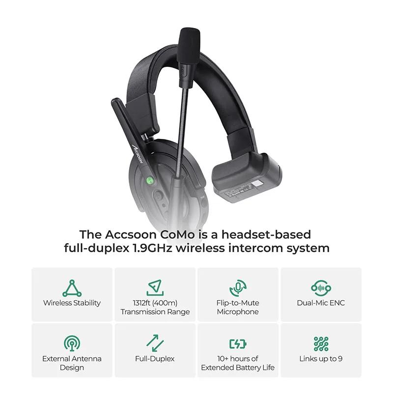 Accsoon COMO 400m Wireless Communication System Full Duplex Intercom Headset Noise Reduction Wireless Integrated Microphone