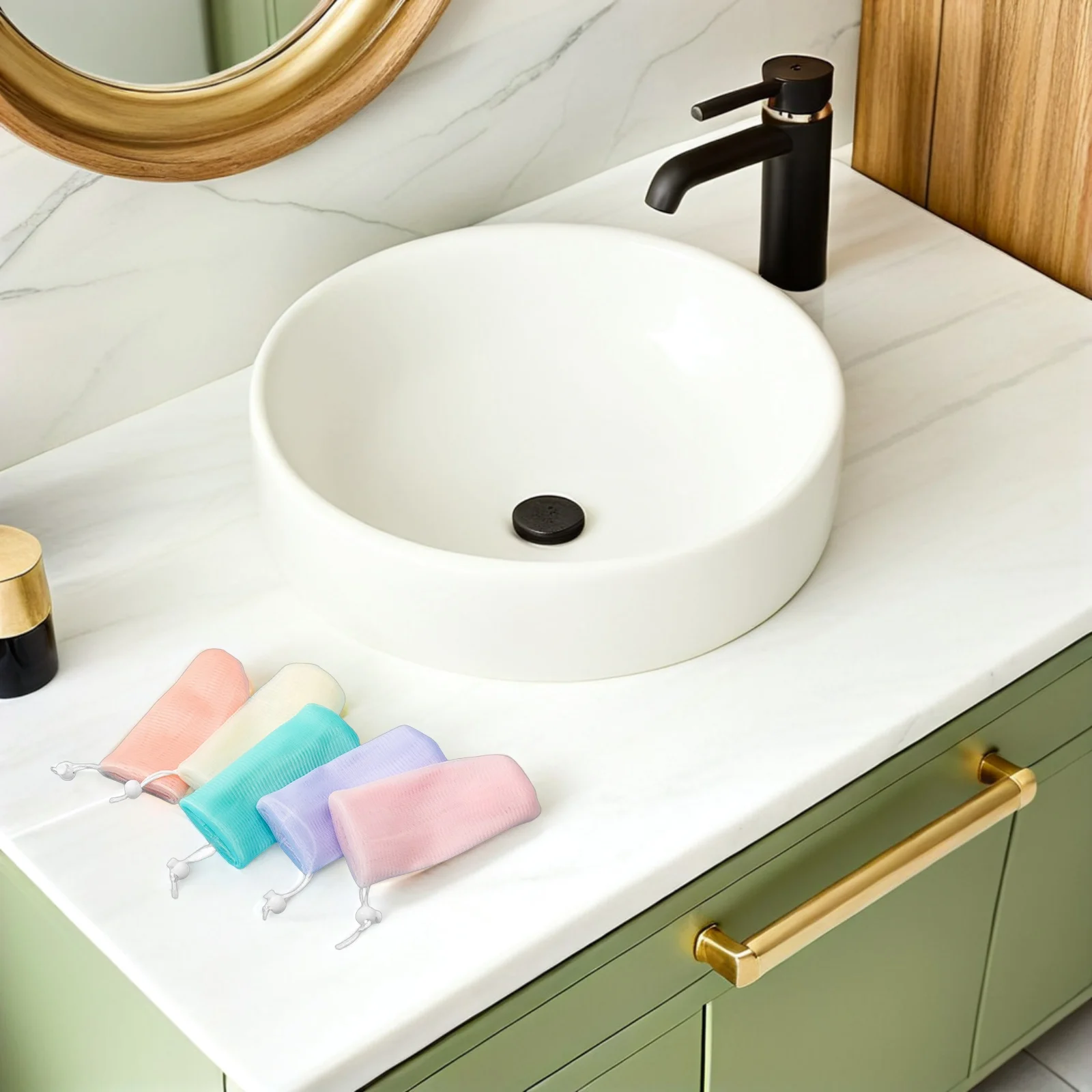 5 szt. Kolorowe siateczkowe woreczki na mydło do mydełek, wielokrotnego użytku, złuszczające woreczki ze sznurkiem, spieniacz do mycia pod prysznicem