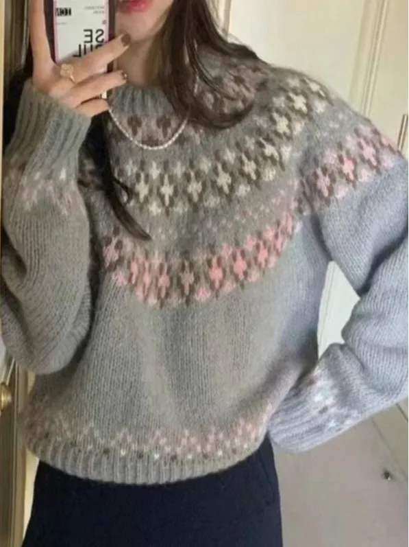 

Sweet Lazy Sle круглый вязаный свитер Ne, женская свободная универсальная теплая верхняя одежда, зима 2025 г., исходящий геометрический узор