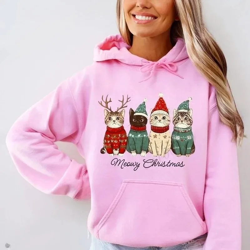 

Meowy Рождественский кот с графическим принтом, женские модные толстовки, одежда для девочек, забавные рождественские толстовки в стиле Харадзюку, повседневный топ
