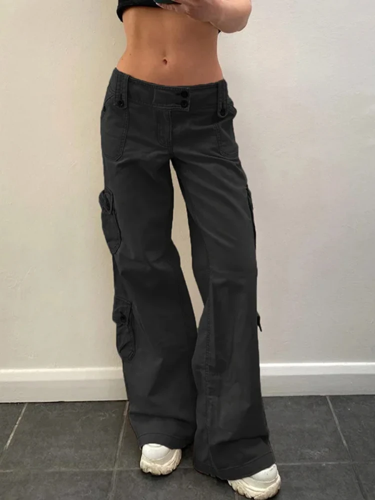 Button Low Waist Y2K Denim Pants Women Pockets Stitching Straight Cargo Pants Vintage Casual Gray Streetwear Jeans