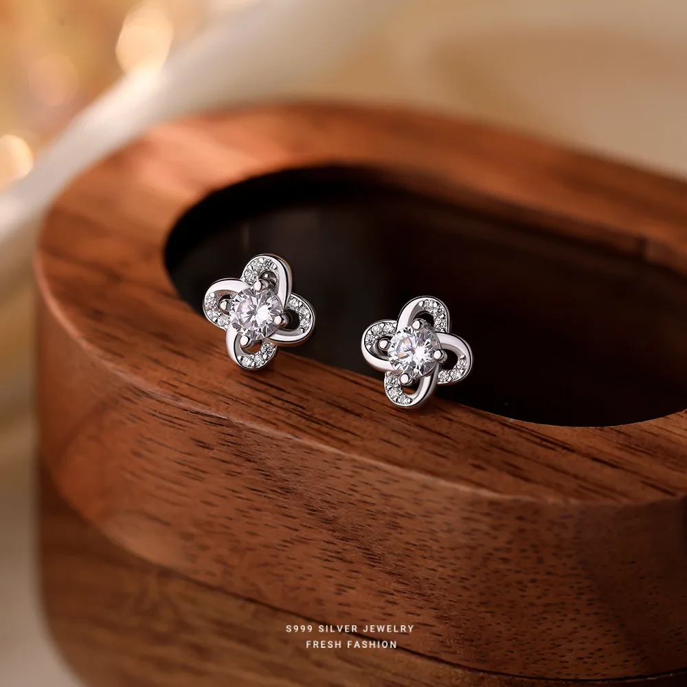 

Серьги-гвоздики из стерлингового серебра S999, клеверный циркон, изящные свежие модные украшения для женщин