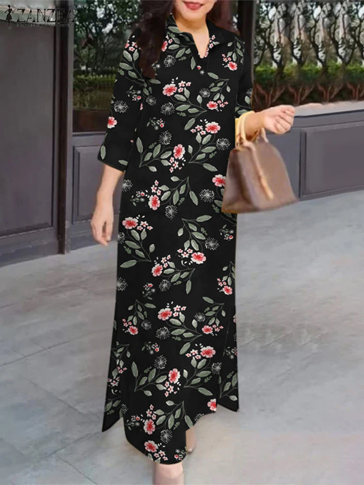 2025 ZANZEA Vestidos largos de primavera para mujer, vestido veraniego con estampado Floral, moda con cuello de solapa, manga 3/4, Maxi bata Bohemain, Vestidos de vacaciones