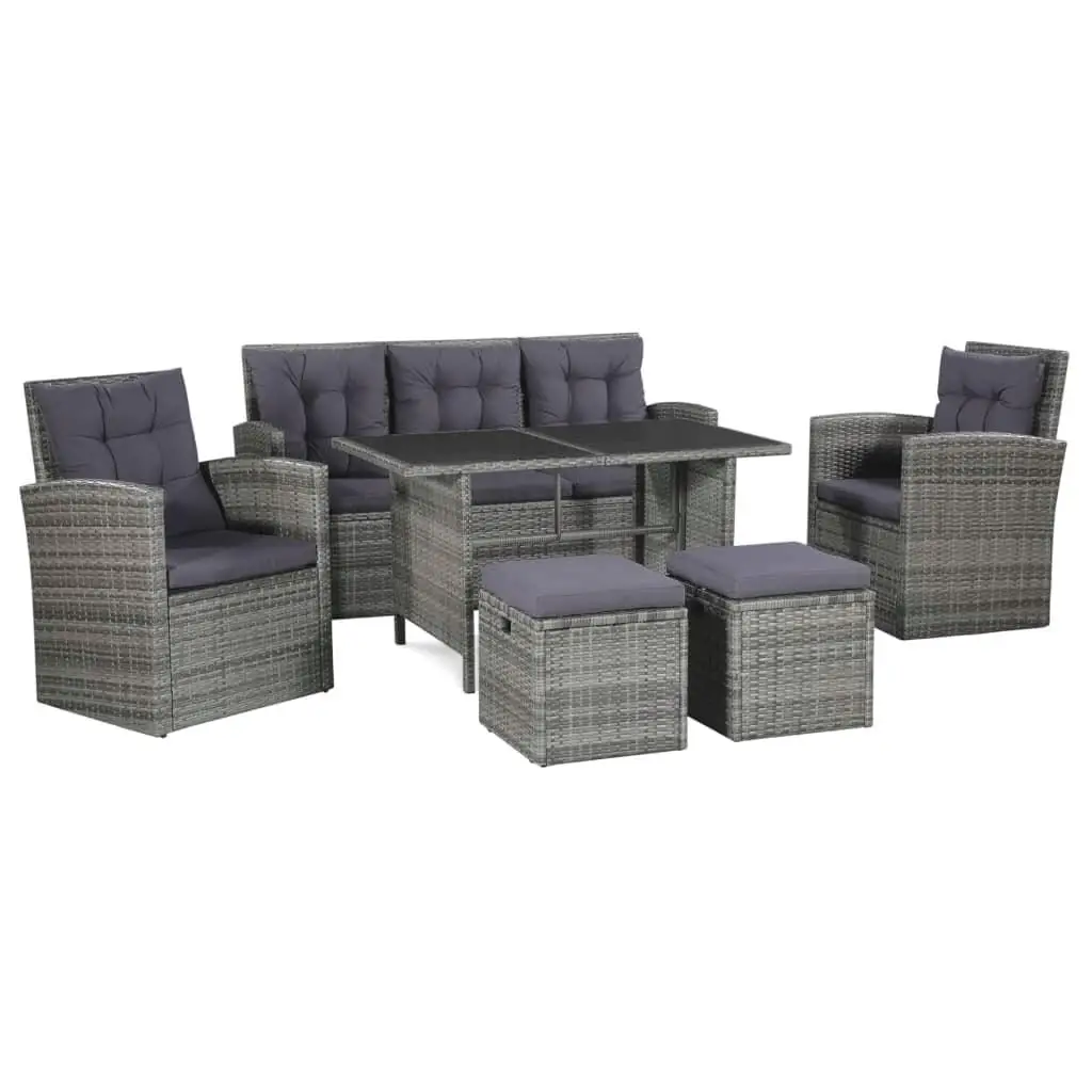 6-Piece Gray Poly Rattan Patio Lounge Set with Cushions - Outdoor Furniture Ensemble