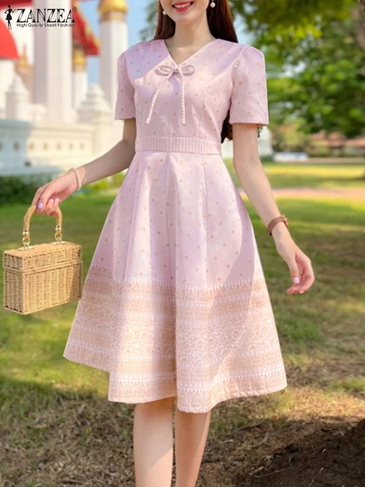 

ZANZEA Women Summer Dress 2025 Fashion Short Sleeve Print Bohemian Sundress V-Neck Bow Casual A-Line Midi Vestidos Party Robe