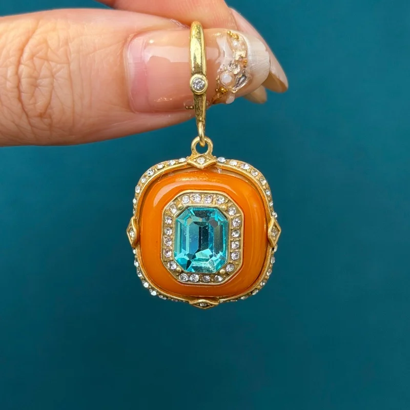 Vintage Blue Crystal Orange Glass Square Drop Earrings Luxury Antique Art Deco Gold Color Jewelry For Women Brand Quality Gift