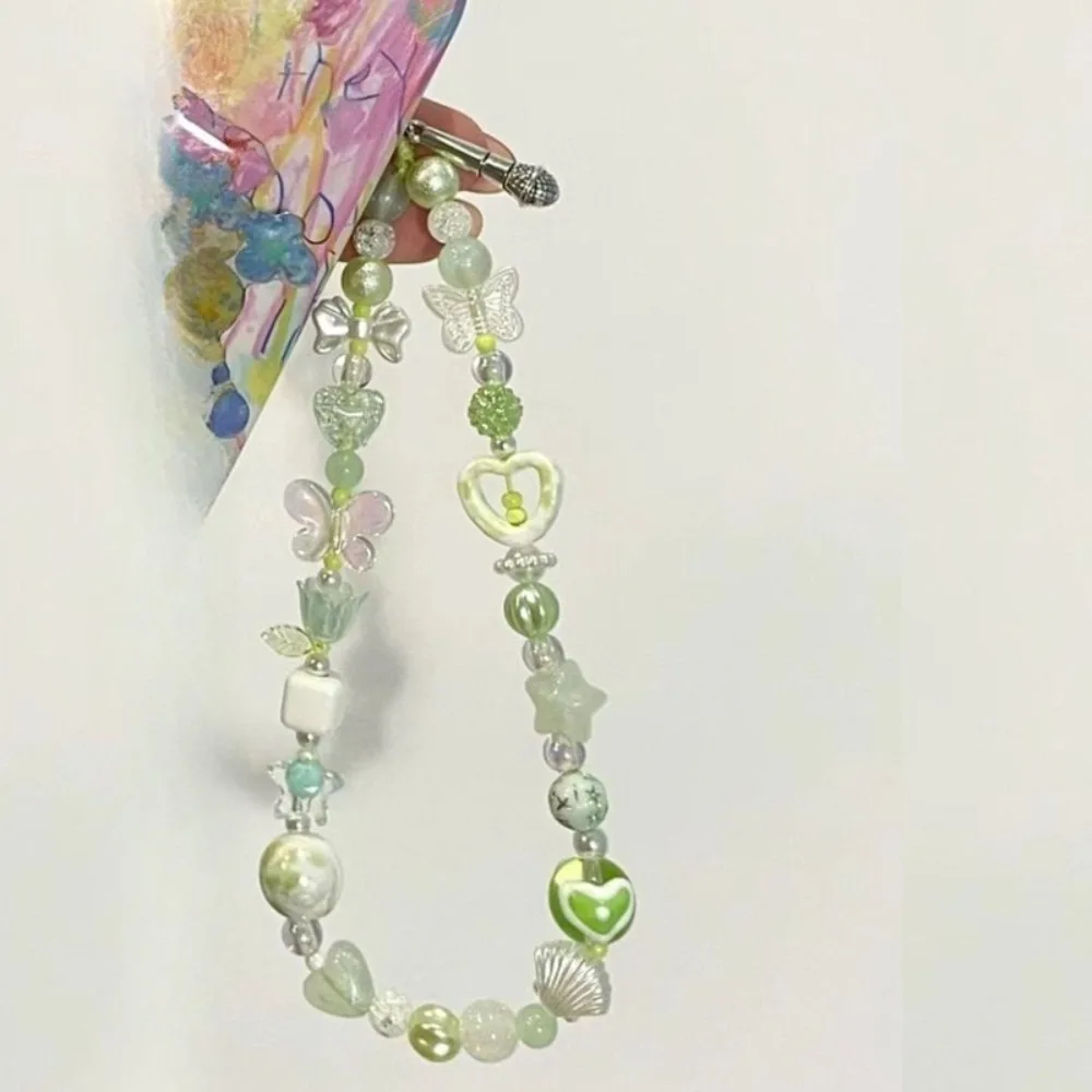 

Модный зеленый ремешок для телефона с цветами, милый брелок-бабочка в стиле кавай, украшение для сумки в корейском стиле, брелок для ключей от машины