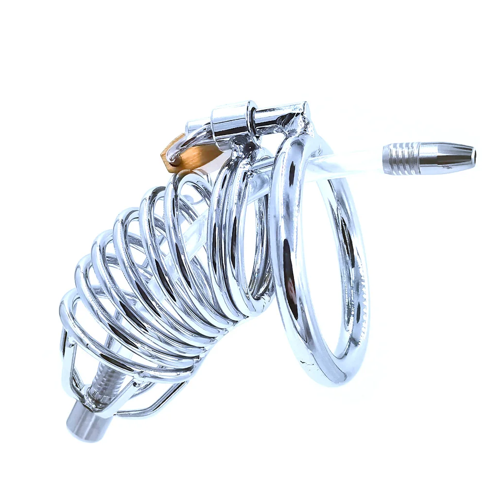 Metal Cock Cage with Urethral Catheter Male Chastity Devices Penis Lock BDSM Husband Loyalty Men Sex Toy Cock Ring Drop Shipping