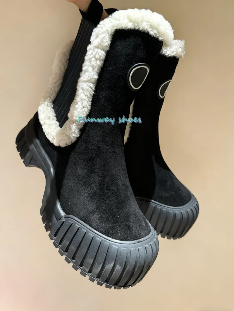 Нечеткие зимние ботинки с ракушечным носком, ботильоны на платформе и каблуке с эластичным швом, женские шерстяные теплые хлопковые ботинки, зимние роскошные женские ботинки