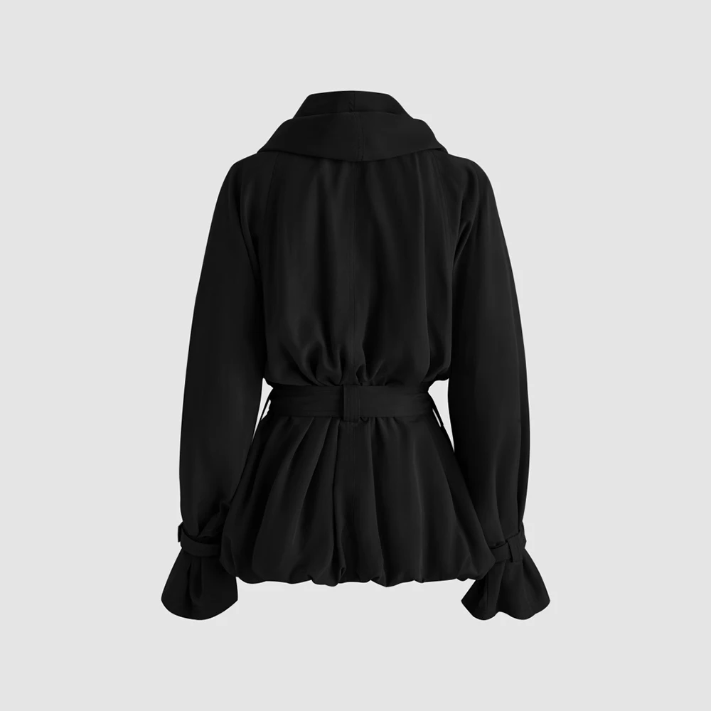 Ladies Lyocell Blend Draped Collar Short Wind Jacket Tie Belted Waist Loose Batwing Sleeve Short Trench Coat Women Outerwear
