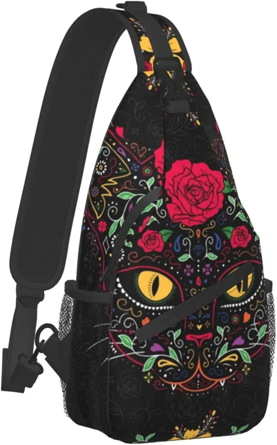 Mochila de hombro con tirantes para hombre y niño, morral cruzado para deportes al aire libre, Día de los muertos, gatito, gato, calavera de azúcar