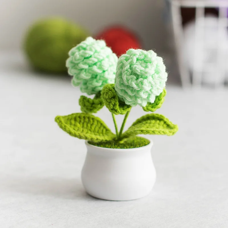 Handmade Crochet Knitted Flowerpot Ornament Creative Wool Thread Roses Artificial Flowers for Office Car Decor