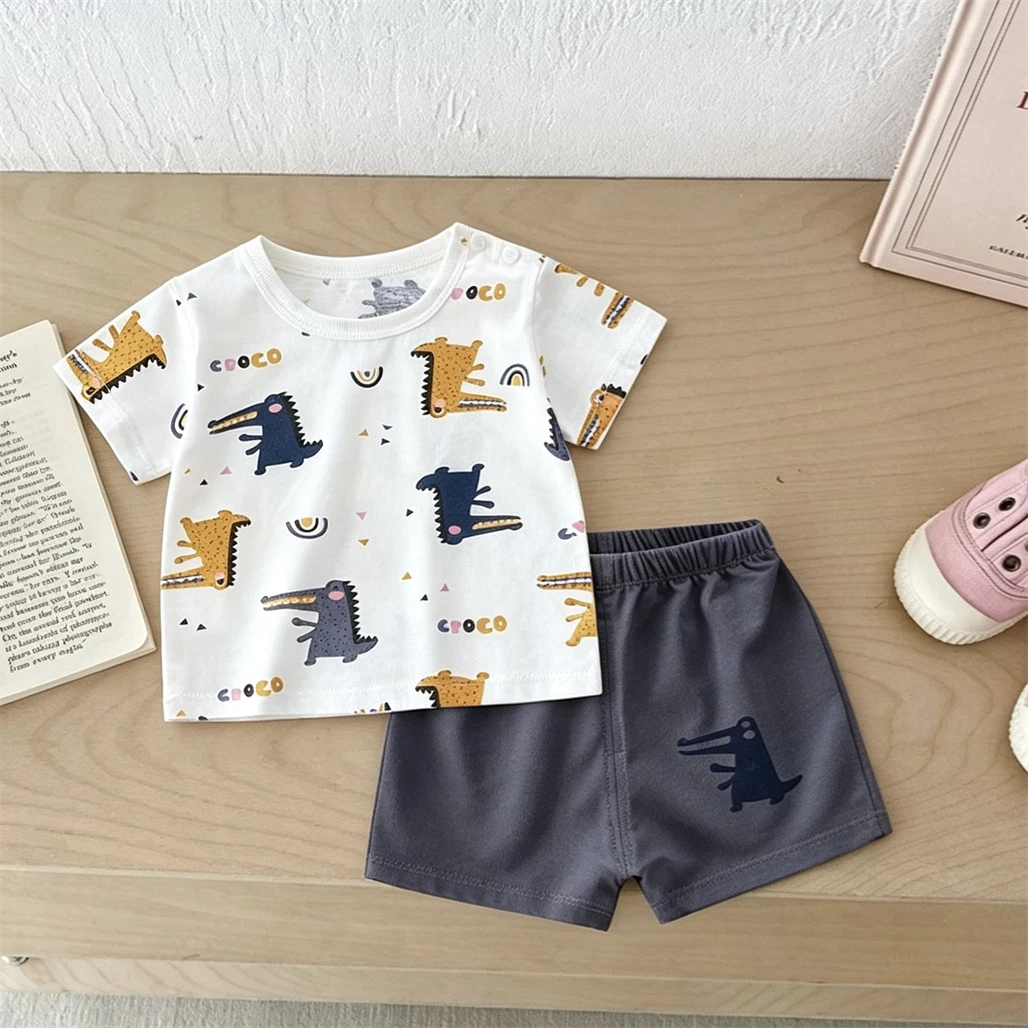 Boys Cartoon Outfits Short-sleeved Suits 2026 Summer New Cute TShirt+Shorts Crewneck Tops All-match Shorts Two Piece Set For Kid
