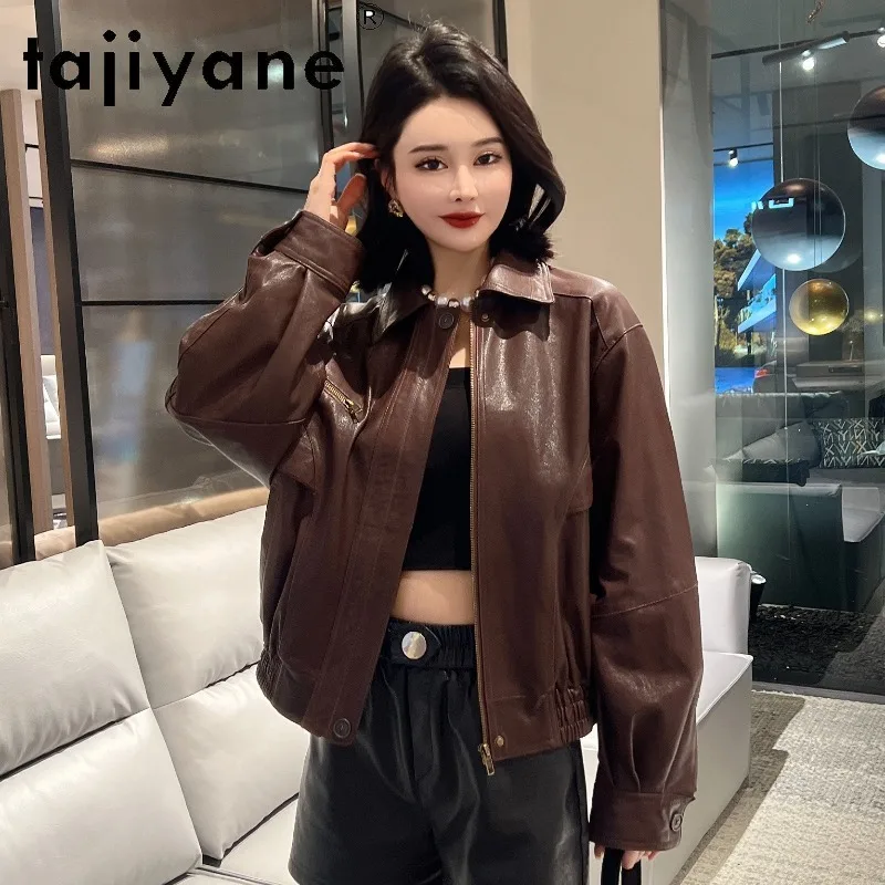 TAJIYANE Vintage Genuine Leather Jacket Woman Vegetable Tanned Sheepskin Leather Coat Cropped Jackets for Woman Lapel Tops 가죽자켓