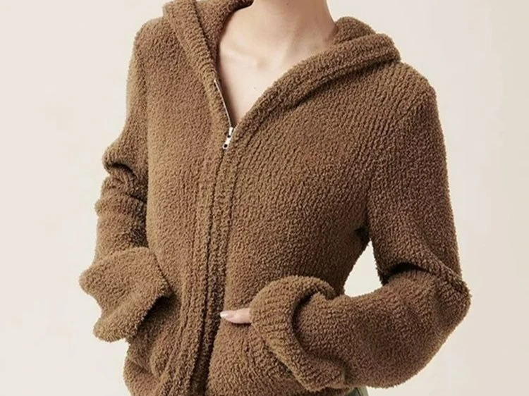 Short Retro Lazy Plush Knitted Autumn and Winter Tight Jacket with Zipper Cardigan Top Hooded Sweater