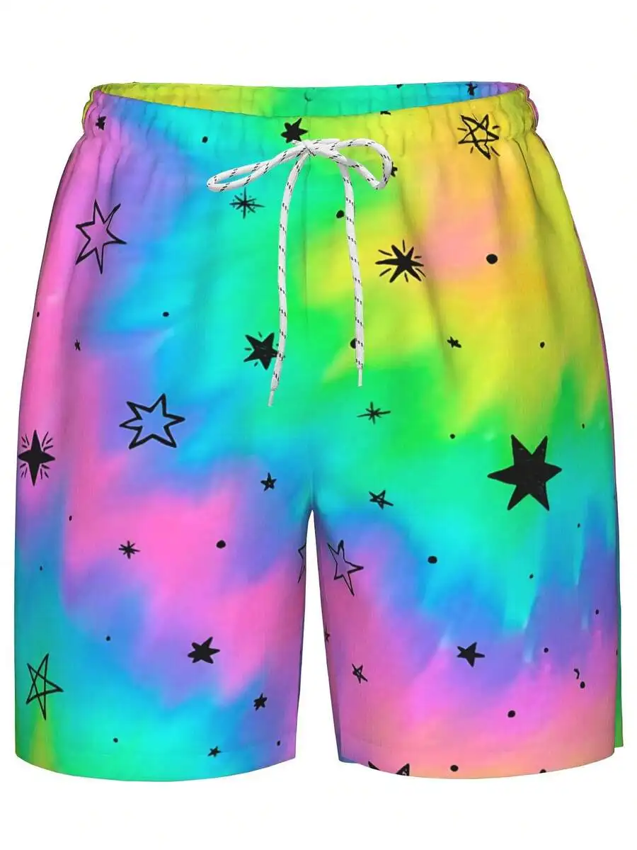 Unisex Tie-Dye Star Print Quick Dry Swim Trunks Loose Beach Shorts For Surfing Swimming Pool Parties