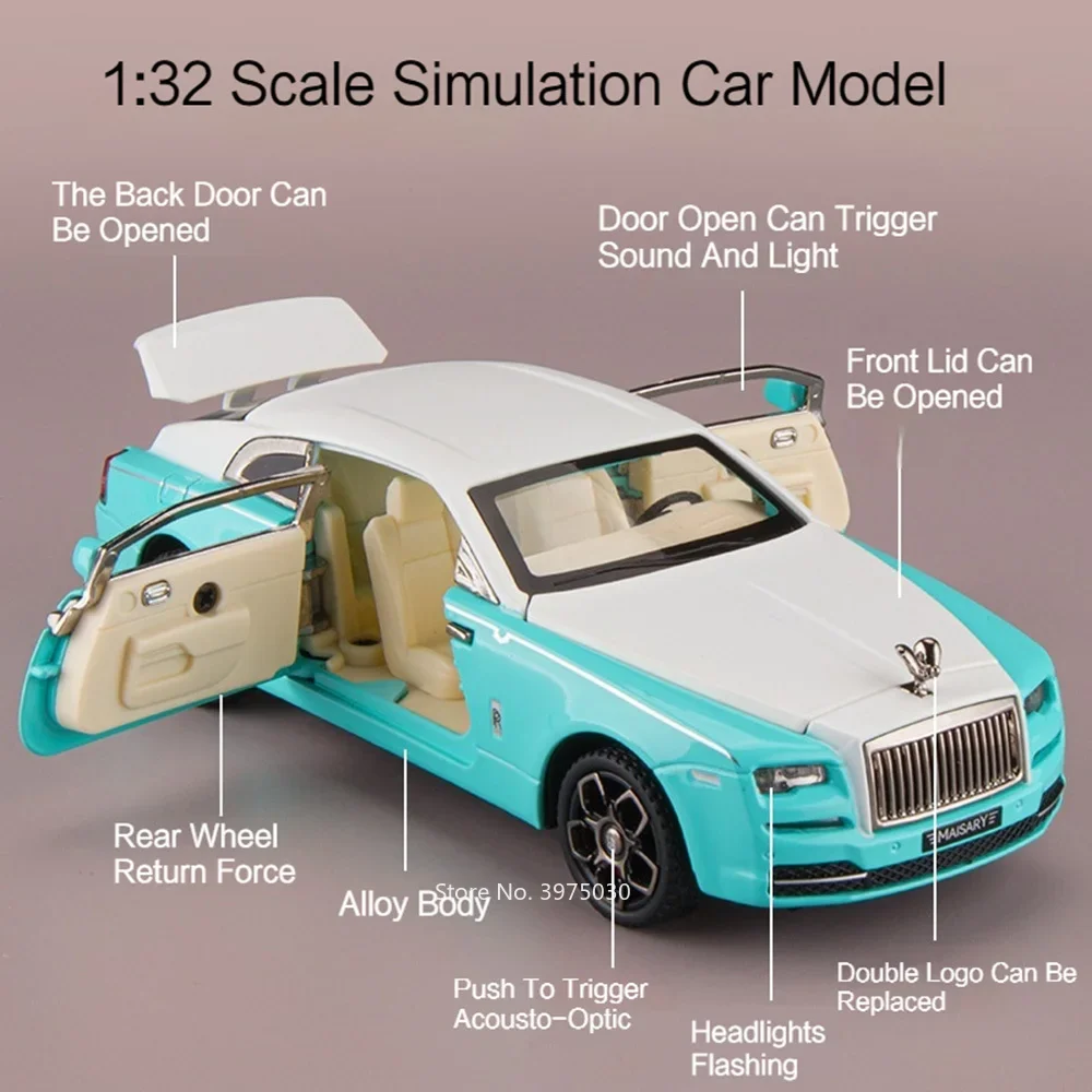 1/32 Rolls Royce Wraith Auto in lega Giocattoli Modelli pressofusi Ruota Tirare indietro Auto sportiva con suono leggero Veicoli Ragazzi Regali di compleanno