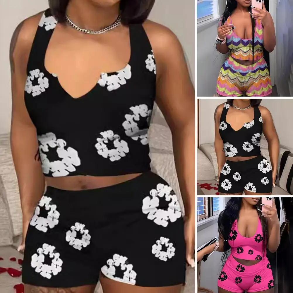 

2 Pcs/Set Women Crop Top Shorts Suit Sleeveless Stretchy V Neck Vest High Waist Printed Skinny Shorts Casual Homewear Sport Tank