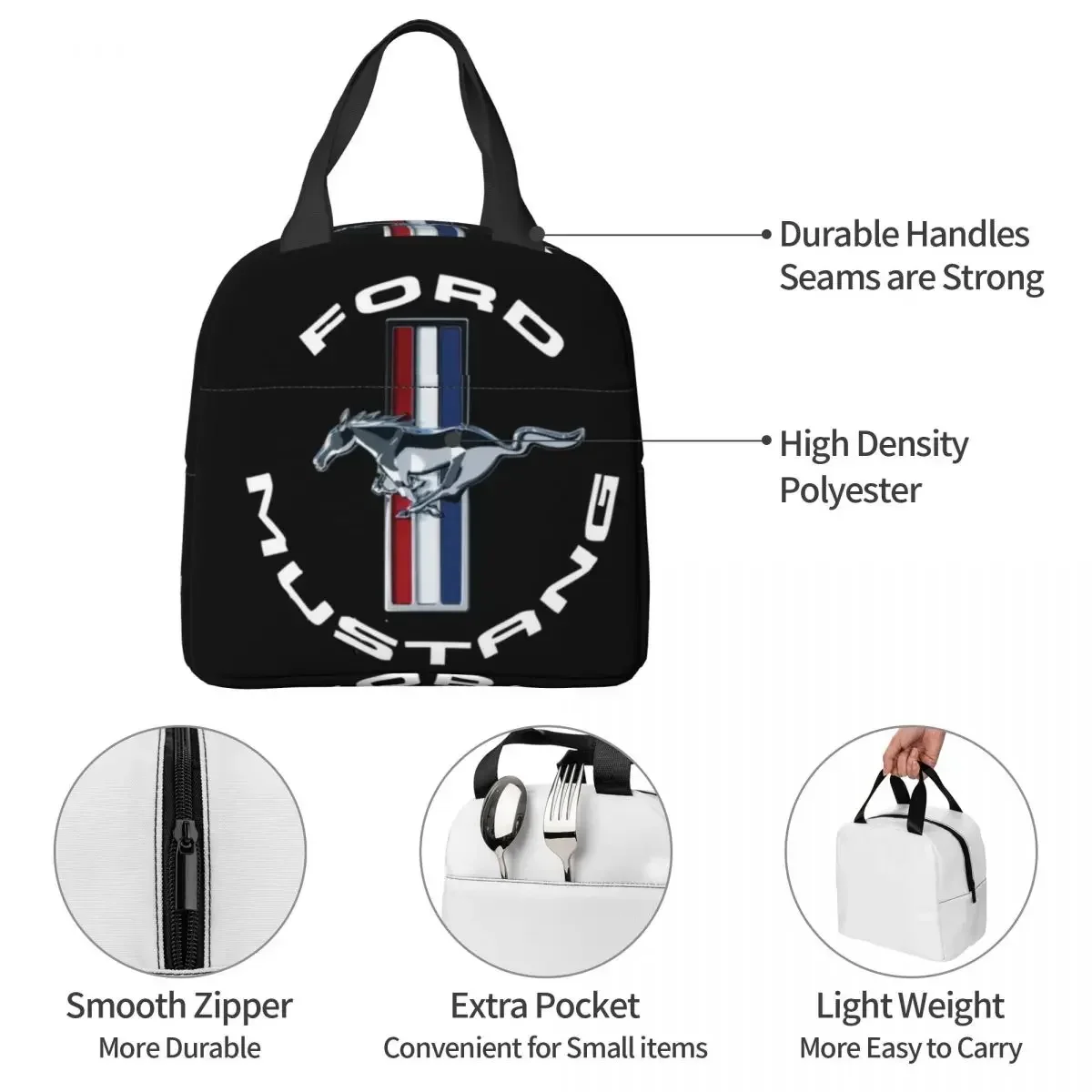 Ford Mustang Insulated Lunch Bags Leakproof Picnic Bags Thermal Cooler Lunch Box Lunch Tote for Woman Work Children School