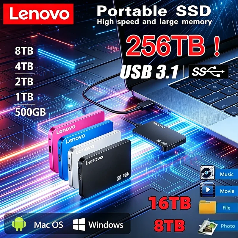 

Внешний корпус для SSD/HDD Lenovo 256 ТБ, высокоскоростной, USB 3.0, с кабелем USB 3.0, ABS-пластик