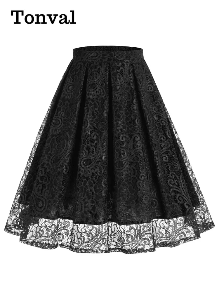Tonval Retro Elastic Waist Green Solid Lace Overlay Pleated Skirt for Women 2023 Vintage Style Midi Skirts Elegant