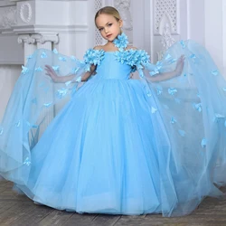 Fashion Blue Flower Girl Dresses For Wedding and Party Floral Tulle Off Shoulder Kids Birthday First Communion Dresses Ball Gown