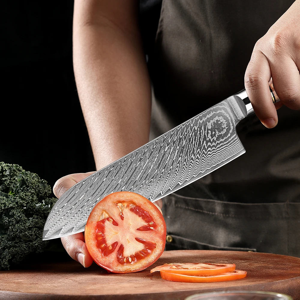 Pro Kitchen Knife 7 Inch Damascus steel Japanese Santoku Knife Honeycomb Blue Resin Handle Sharp Filleting Knife Carving Knife