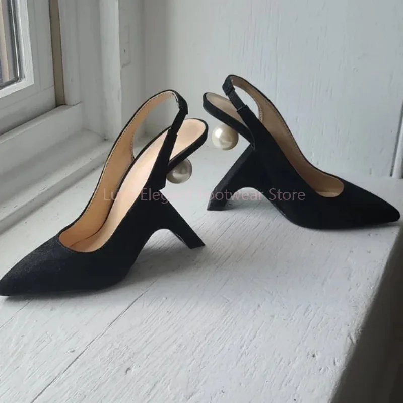 

Black Suede Pearl Decor Pointed Hollow Pumps Women Suede Back Strap Slip On Slingback High Heels Sexy Strange Style Party Shoes