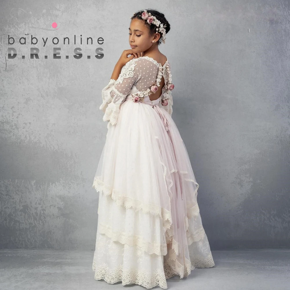 BABYONLINE Vestido de comunión de encaje de color marfil personalizado de inspiración vintage para niñas Vestido largo elegante con manga acampanada Flora hecha a mano