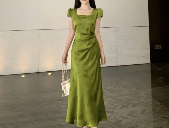 Elegant Vintage jacquard ซาตินแขนสั้น Chic พิมพ์ fairycore Slim ชุดราตรียาว High Street Plus ขนาดเสื้อผ้า