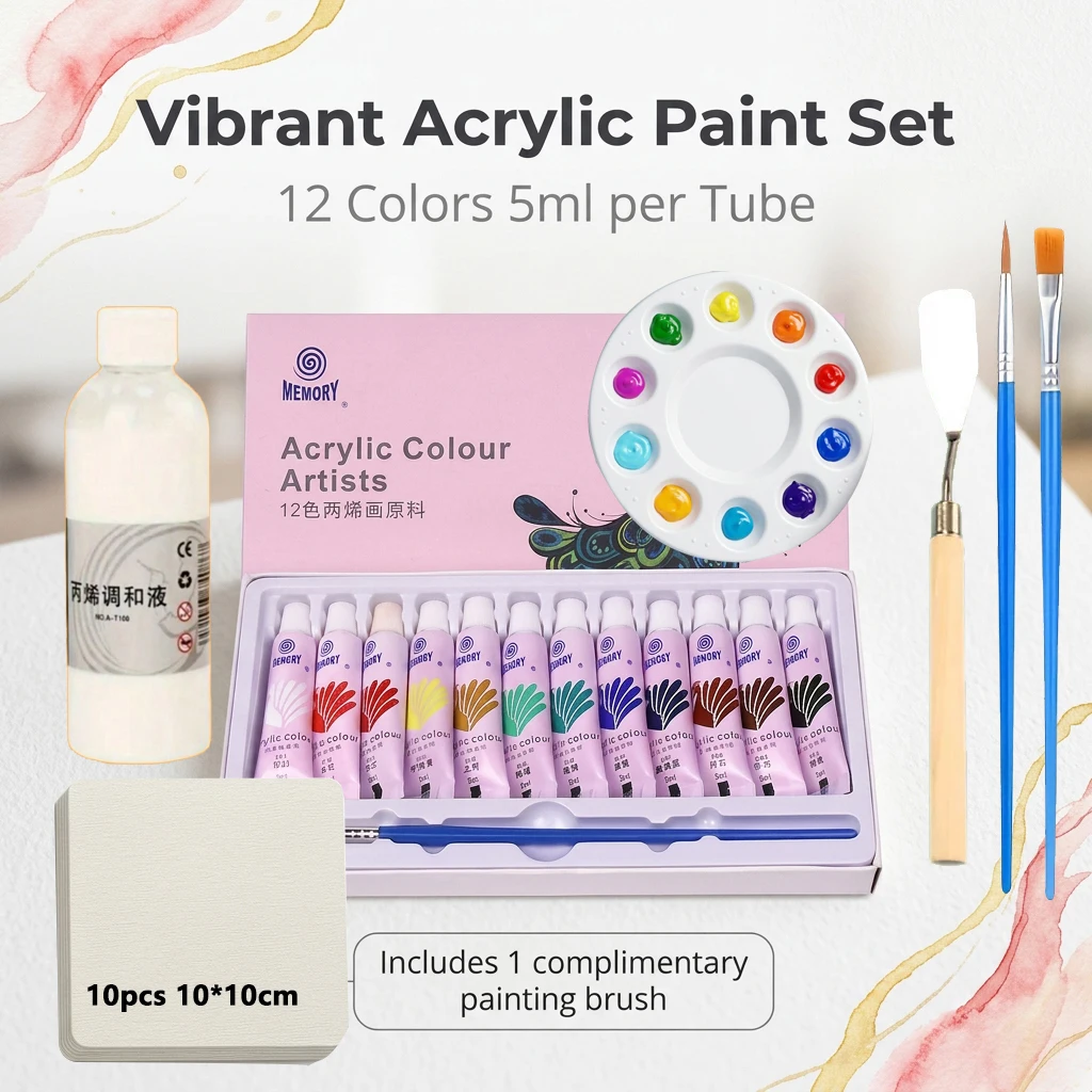 Acrylic Painting  12/24 Colors 5ml Pigment Scraper Mixing Palette 100ml Blending Liquid 10 Sheets Watercolor Paper 2 Brushes