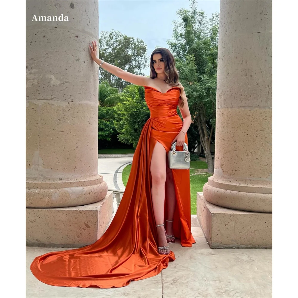 

Amanda Customized Satin Strapless robes de soirée V Neck Side High Split Evening Dresses Cocktail Party Mermaid Wedding Dress