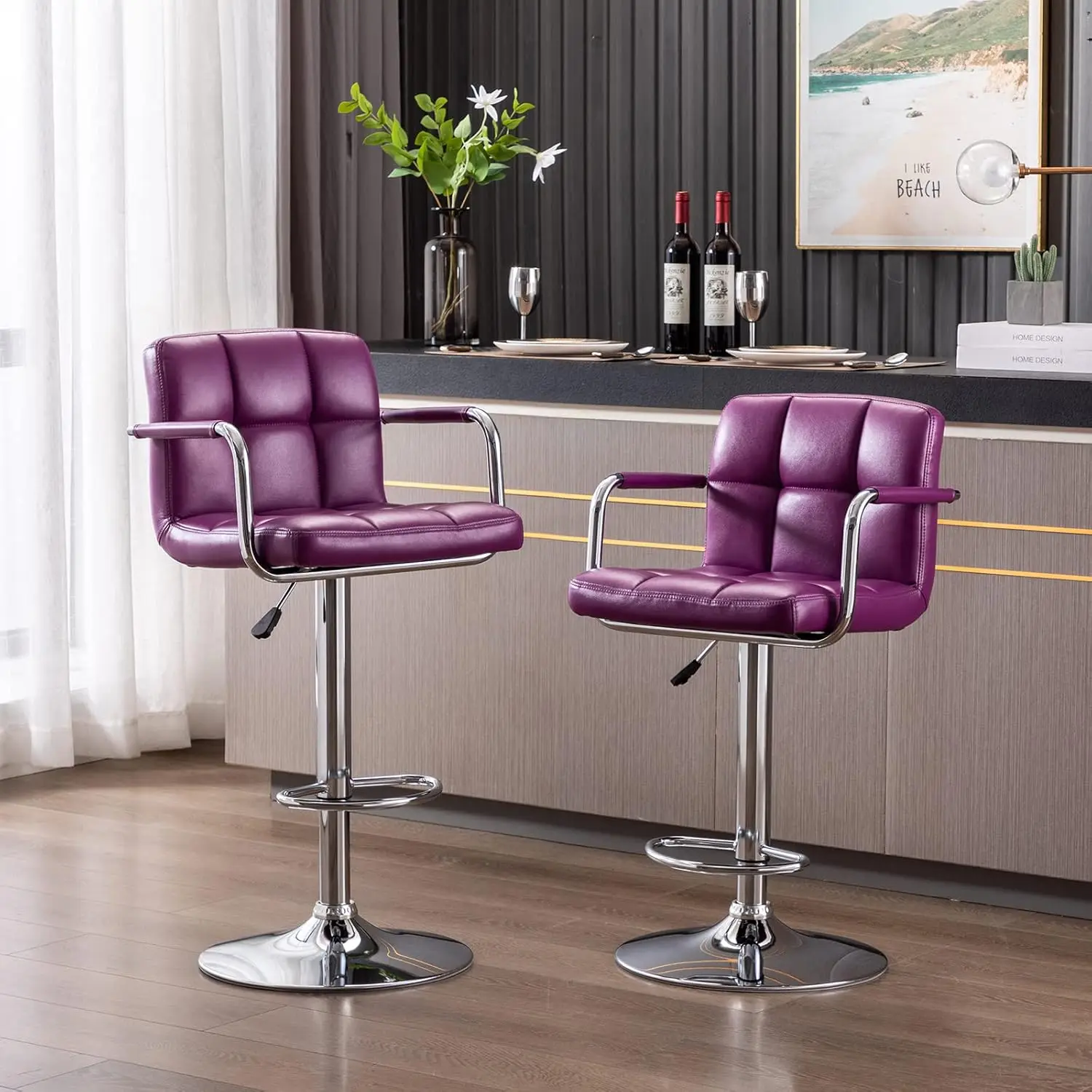 Furniture Direct Modern PU Leather Square Bar Stools, Adjustable Swivel Barstools with Back and Arms, Airlift Counter Height Cha