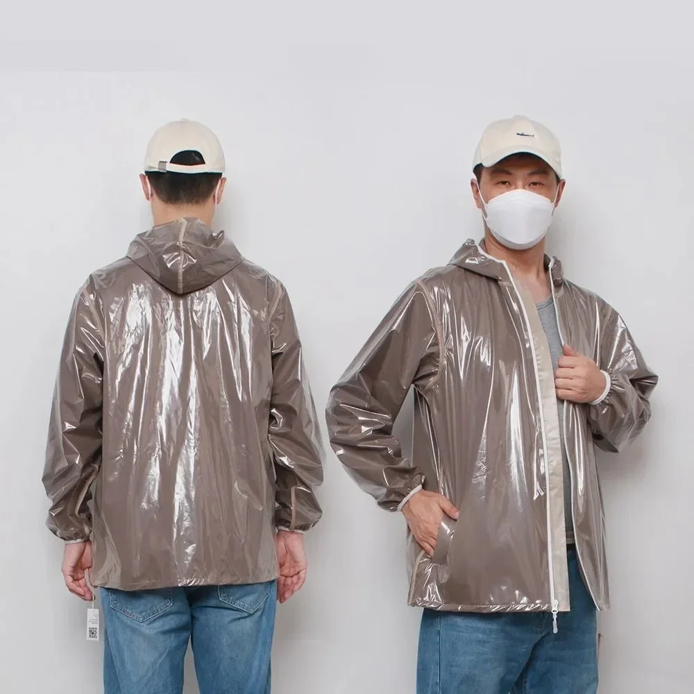 Man Boy's Chic แขนยาว Hooded Jacket Coat กันน้ํากันฝน Hooded เสื้อกันฝนกราฟิกพิมพ์ประตูสั้นวันหยุด