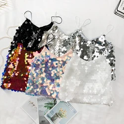 New Big Sequins Chic Summer Sleeveless Top Sexy Backless Bling Luxury Loose Crop Top Party Bar Club Slim Vest Top Femme