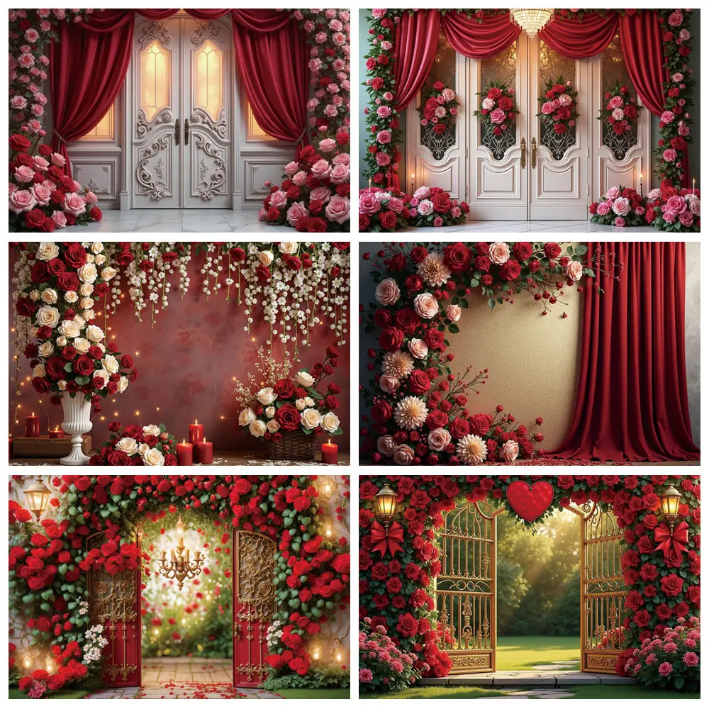 MOON.QG Valentine's Day Photography Backdrop Red Rose February 14 Teddy Bear Photocall Background Adult Studio Photobooth Props